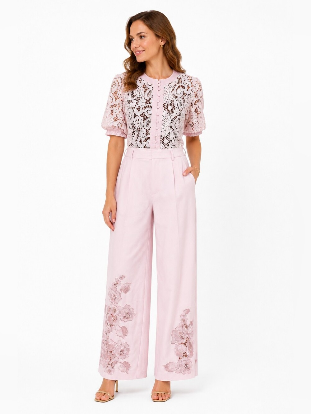 ANEWSTA Blush Pink Lace Pant Set Wide Leg Pants Crochet Lace Top Women's US 10 L